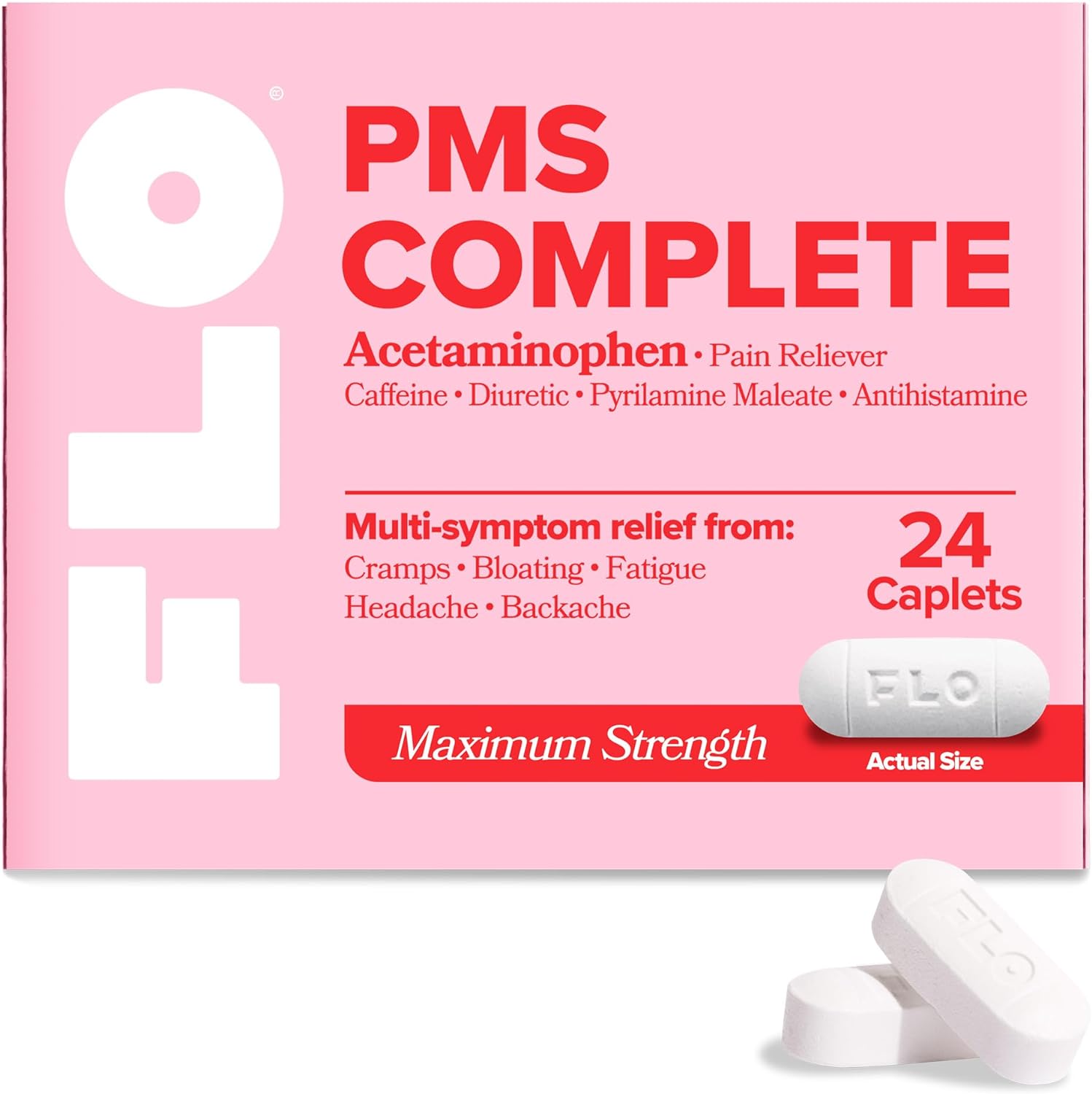 FLO PMS Complete Tablets, Menstrual Pain Relief for Women, 24 Count (1 Pack) - Multi-Symptom Pain Reliever with Acetaminophen, Caffeine, & Pyrilamine Maleate for Cramps, Headaches, Backaches, Bloating