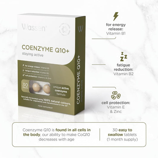 Wassen Coenzyme Q10 Supplements |30 Coenzyme Q10 Tablets | Active Coenzyme Q10 Formula |High In Zinc | Vitamins B1 & B2 For Energy Release & Fatigue Reduction | Heart Health Supplements | Q10 Coenzyme