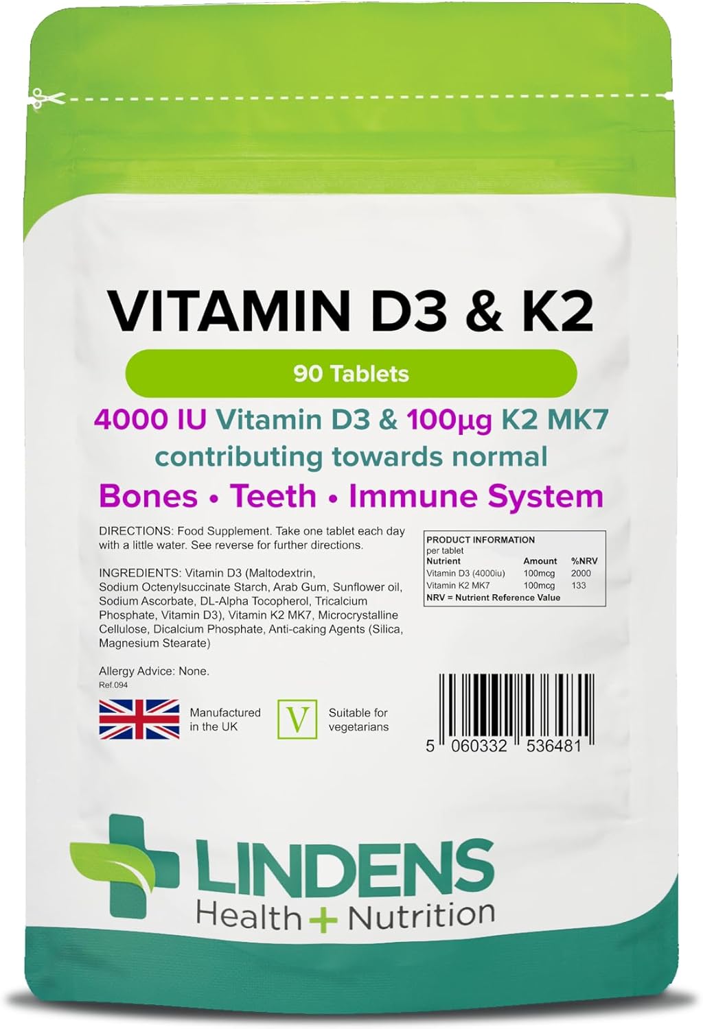 Lindens Vitamin D3 4000Iu & Mk7 K2 | 90 Tablets | Uk Made | Immune Health, Bones, Teeth, Muscle, Blood Calcium Absorption | High Strength Vitamin D & K2 Supplement | 3 Months Supply | Vegetarian
