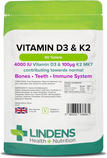 Lindens Vitamin D3 4000Iu & Mk7 K2 | 90 Tablets | Uk Made | Immune Health, Bones, Teeth, Muscle, Blood Calcium Absorption | High Strength Vitamin D & K2 Supplement | 3 Months Supply | Vegetarian