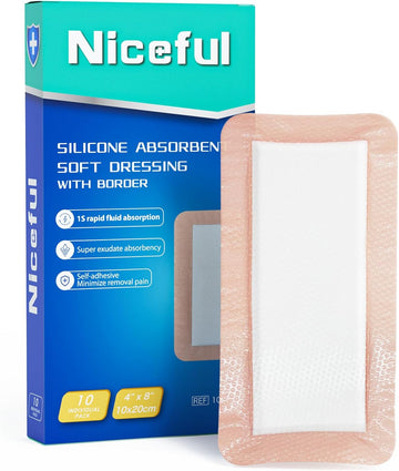 Silicone Super Absorbent Wound Dressing - 4"×8" Large Absorbant Bandages With Adhesive Borders, Fsa Hsa Eligible, Wound Care Dressings For Bed Sores Leg Ulcers