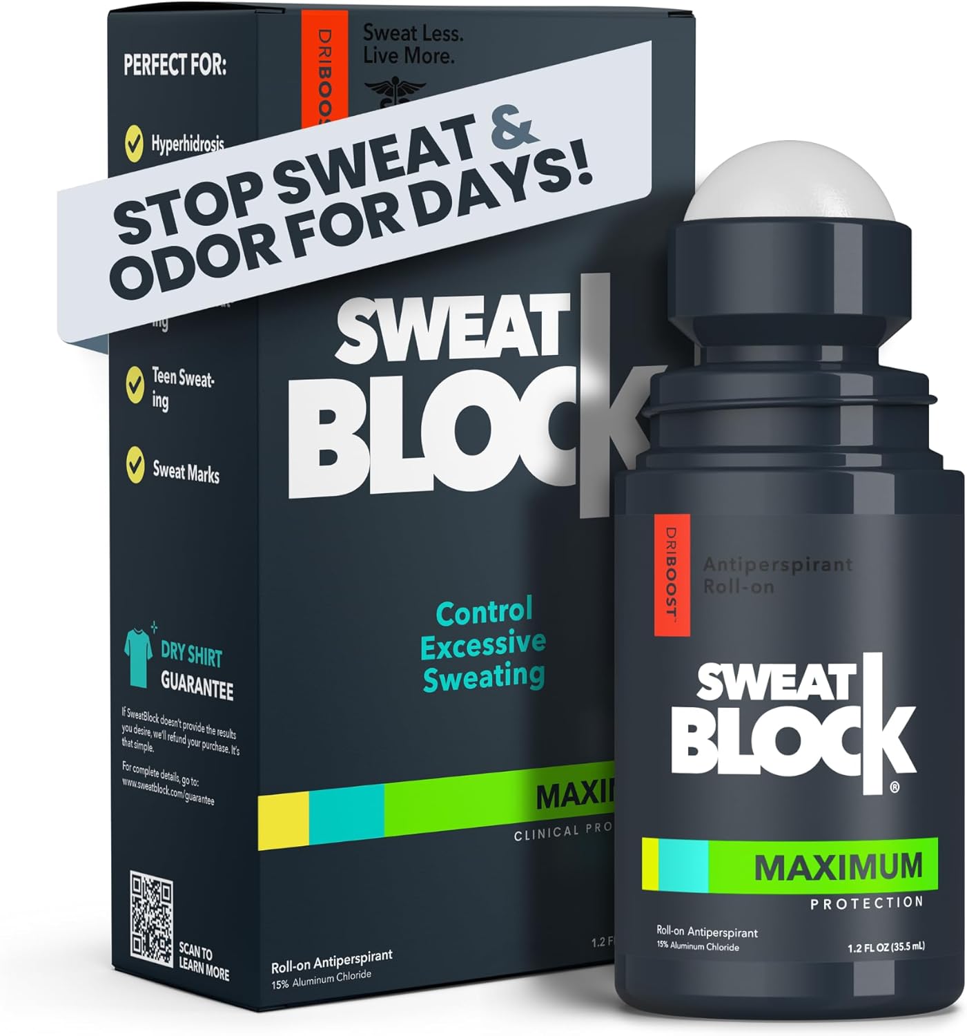 Sweatblock Antiperspirant Deodorant Max Clinical System For Men & Women. Treat Hyperhidrosis - Includes: (1) Driboost [Pm] Maximum Strength Antiperspirant Roll-On + (1) [Am] Clinical Deodorant