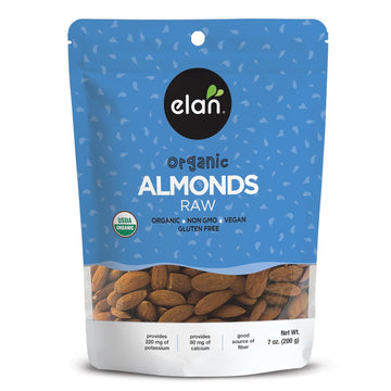 Elan Organic California Raw Almonds, 7.0 Oz, Unsalted, Unroasted, Raw Nuts, Non-Gmo, Vegan, Gluten-Free, Kosher, Healthy Snacks