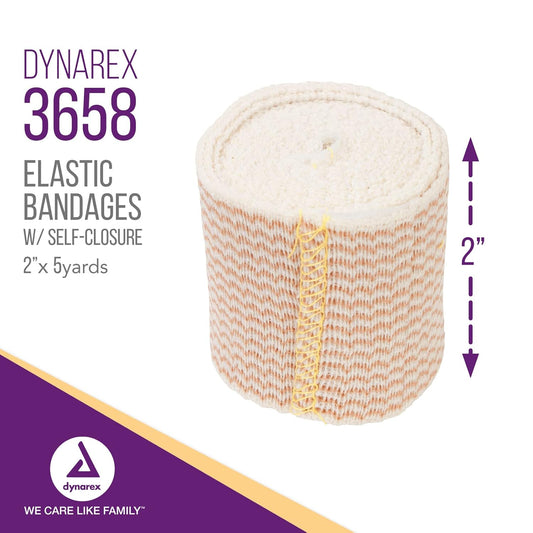 Dynarex Elastic Bandages With Self-Closure, Outstanding Compression And Stretch, Latex-Free Elastic Bandages With Velcro Closure, 2" X 5 Yds, 1 Case Of 50 Elastic Wrap Bandages (5 Boxes Of 10)