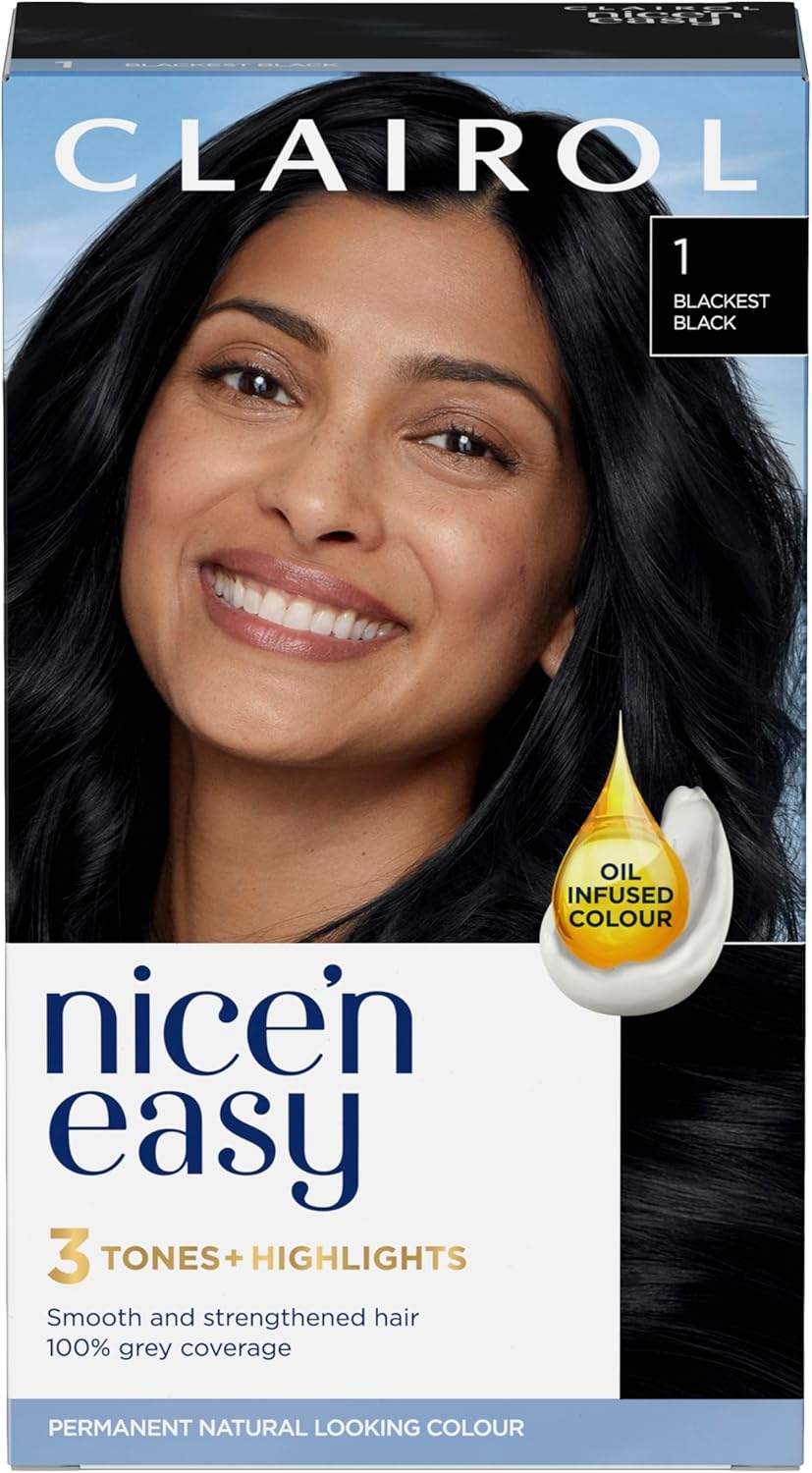Clairol Nice'N Easy Crème, Natural Looking Oil Infused Permanent Hair Dye, 1 Blackest Black
