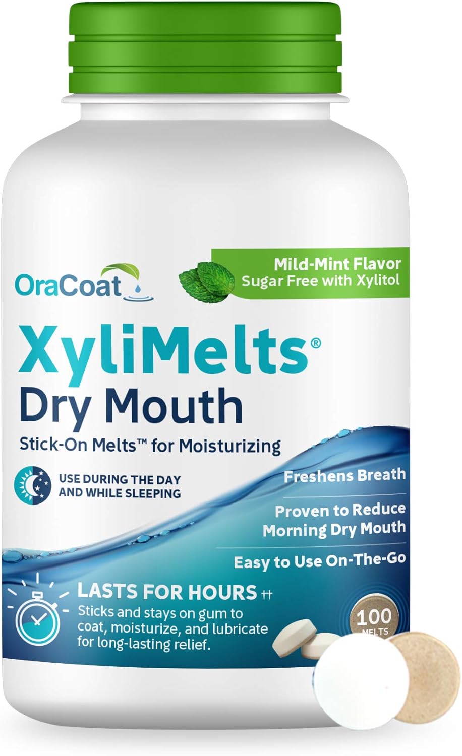 Oracoat Xylimelts Dry Mouth Relief Moisturizing Oral Adhering Discs 100 Count, Mild Mint With Xylitol, For Dry Mouth, Stimulates Saliva, Non-Acidic