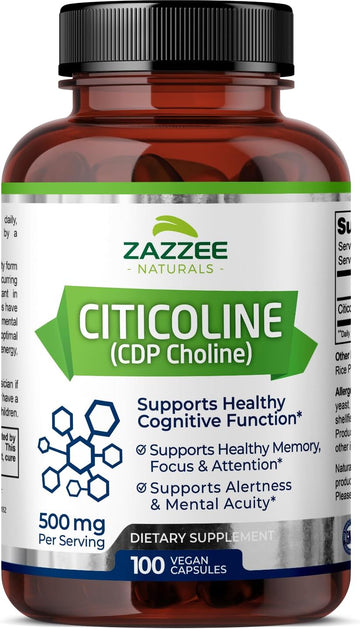 Zazzee Extra Strength Citicoline, 500 Mg Per Serving, 100 Vegan Capsules, Superior Cdp Choline Form, 100% Vegetarian And Pharmaceutical Grade, 50-Day Supply, All-Natural And Non-Gmo