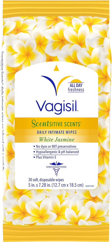 Vagisil Scentsitive Scents Daily Feminine Intimate Wipes for Women, Gynecologist Tested, White Jasmine, 30 Wipes in Resealable Pouch (Pack of 1)