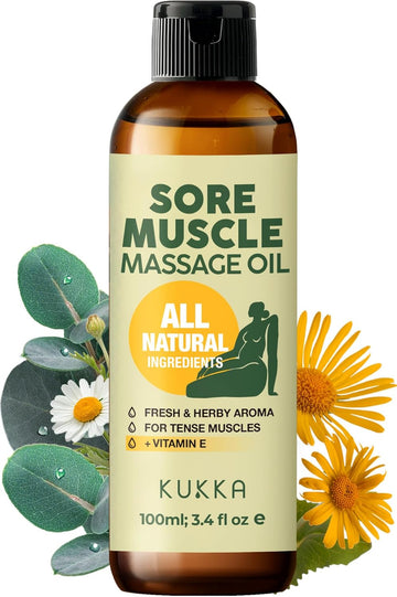 Sore Muscle Massage Oil 3.38 Oz - Massage Oil For Massage Therapy - 100% Natural Relaxing Body Oil For Pain Relief Women & Men - Eucalyptus Roman Chamomile Blended - Spa Quality & Light Weight