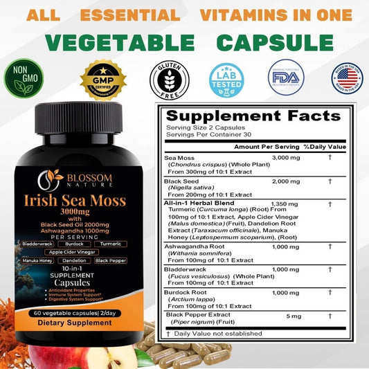 10-In-1 Irish Sea Moss Veggie Caps 3000Mg Black Seed Oil Ashwagandha Bladderwrack Burdock Turmeric Apple Cider Vinegar Manuka Honey Dandelion Black Pepper - For Immune And Digestive System, Made In Us