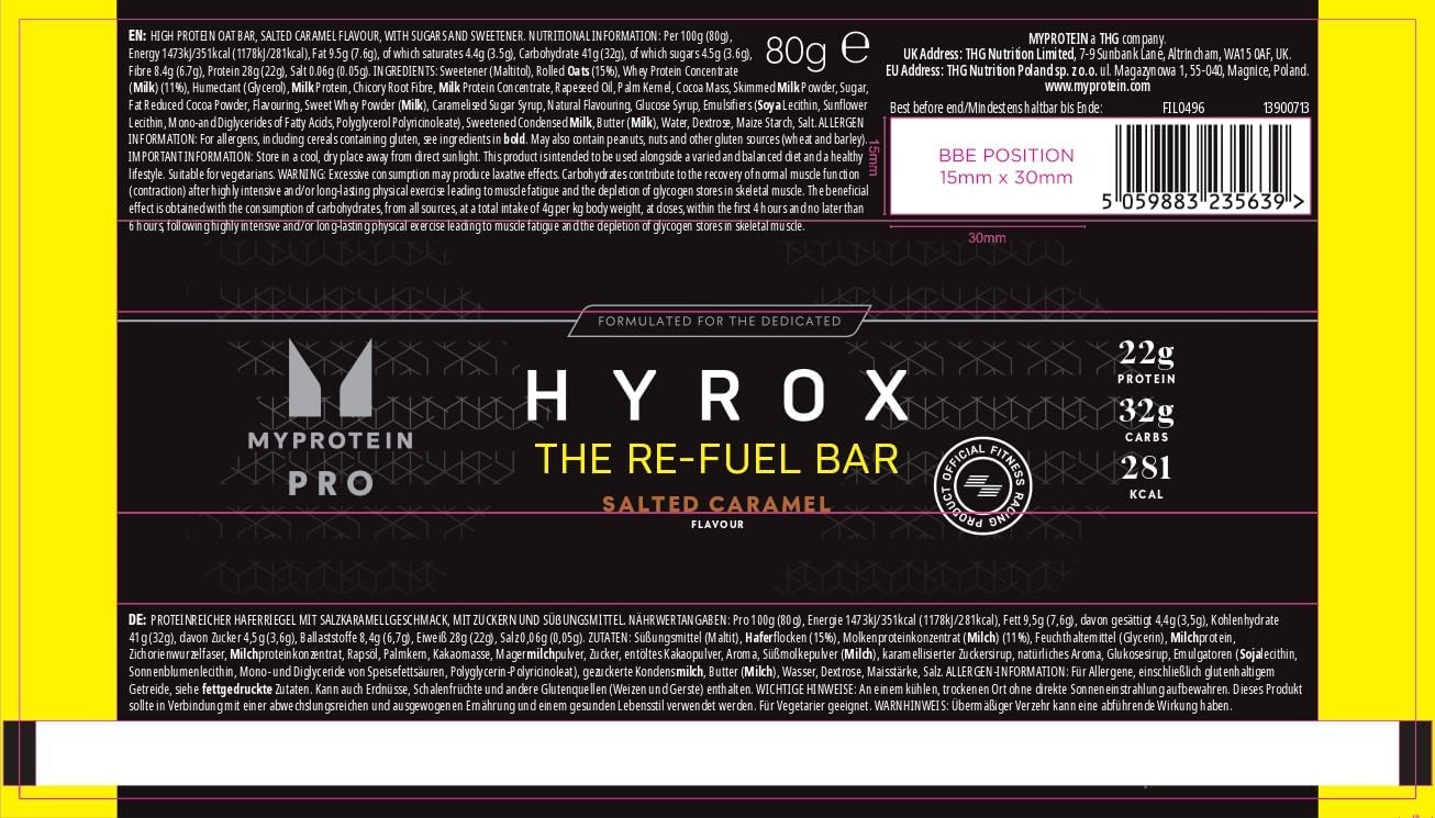 Myprotein PRO x HYROX THE Re-Fuel Bar | 22g Protein & 32g Carbs | Supports Post-Workout Recovery & Muscle Repair | High-Protein Energy Bar with Oats | Low Sugar & Vegetarian | 12 x 70g Bars : Amazon.co.uk: Health & Personal Care
