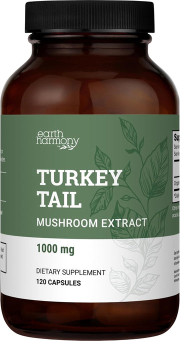 Earth Harmony Organic Turkey Tail Mushroom Capsules (1200Mg Pure Extract) - Superfood Mushroom Supplement Helps Support Brain Health - Premium Mushroom Powder Extract - 120 Capsules (2-Month Supply)