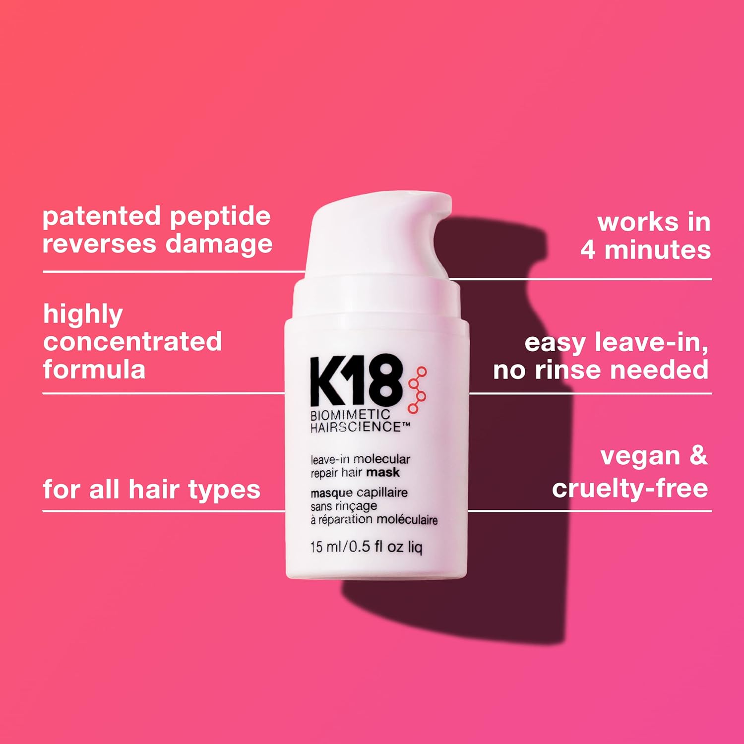 K18 Mini Leave-In Molecular Repair Hair Mask Treatment to Repair Damaged Hair - 4 Minutes to Reverse Damage from Bleach + Color, Chemical Services, Heat 15 ml : Beauty & Personal Care