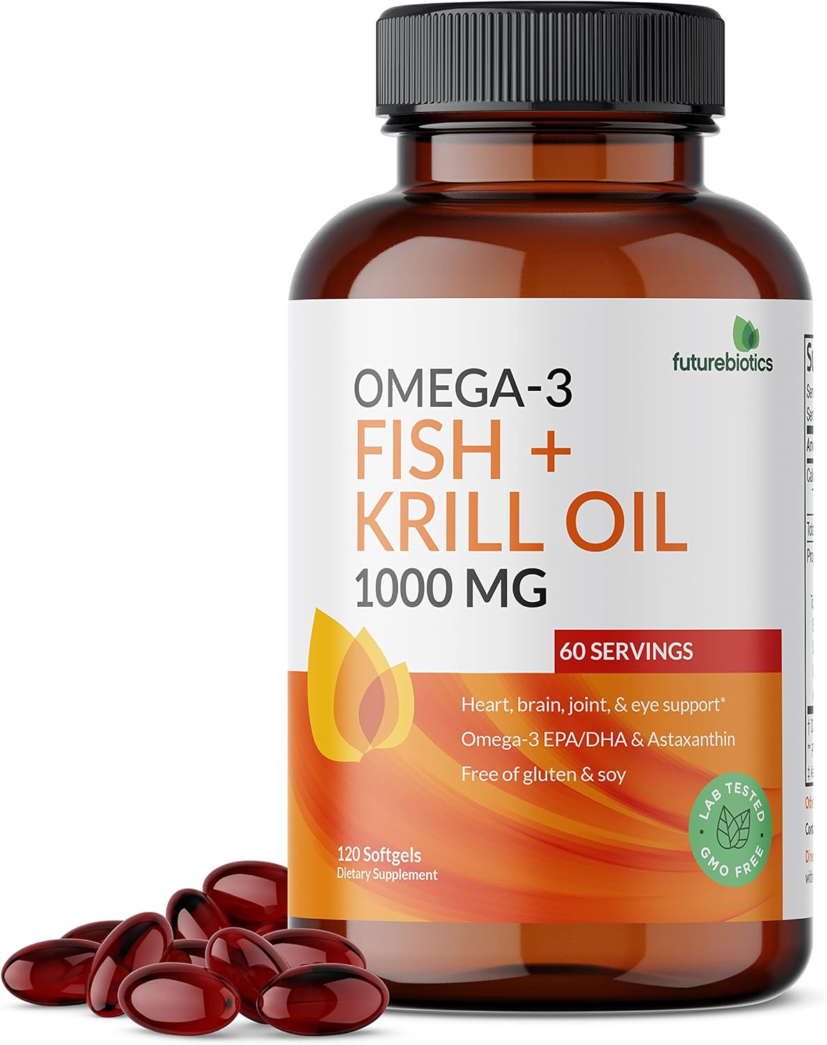 Futurebiotics Omega-3 Fish + Krill Oil 1000 Mg Omega-3 Epa/Dha & Astaxanthin - Non-Gmo, 120 Softgels (60 Servings) : Health & Household