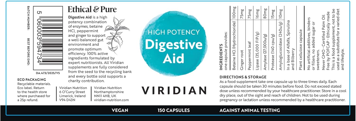 Viridian - High Potency Digestive Aid, 150 Caps | Broad-Spectrum Enzymes With Betaine Hcl, Ginger & Peppermint | Gut Health & Nutrient Absorption | Vegan & Kosher | Nutritionist Formulated