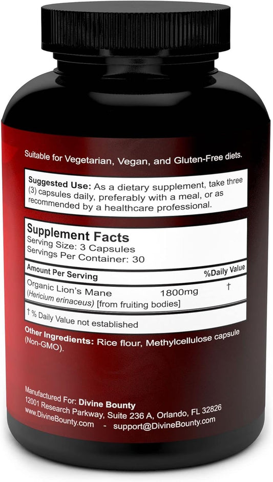 Organic Lions Mane Mushroom Capsules - 1800mg Strongest Lion's Mane Mushroom Supplement - Non-GMO Lions Mane Extract Powder - Nootropic Brain Supplement - Brain & Immune Support - 90 Vegetarian Caps