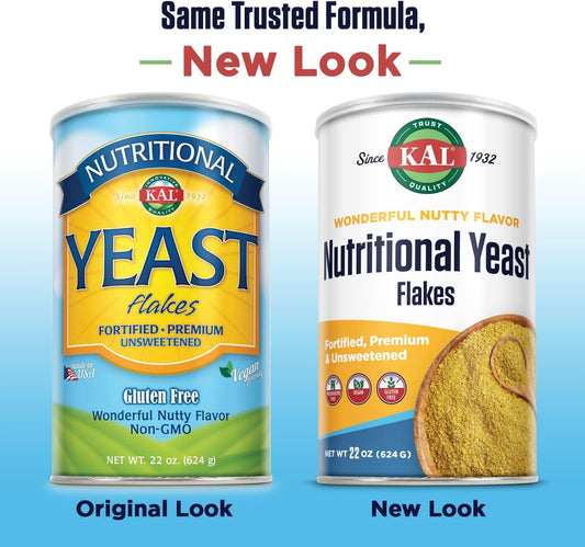 KAL Nutritional Yeast Flakes, Fortified with B12, Folic Acid & Other B Vitamins, Unsweetened, Great Nutty Flavor, Vegan & Gluten Free, 60-Day Money Back Guarantee, Made in the USA, 62 Servings, 22oz