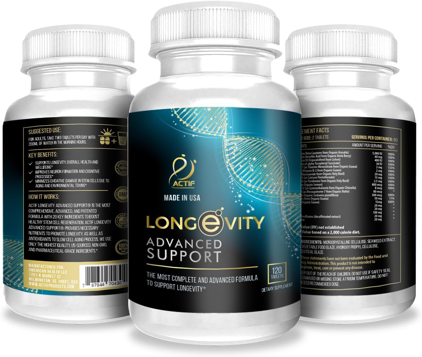 Actif Longevity Advanced Support with 20 Factors - Non-GMO, 2 Month Supply, Made in USA : Health & Household