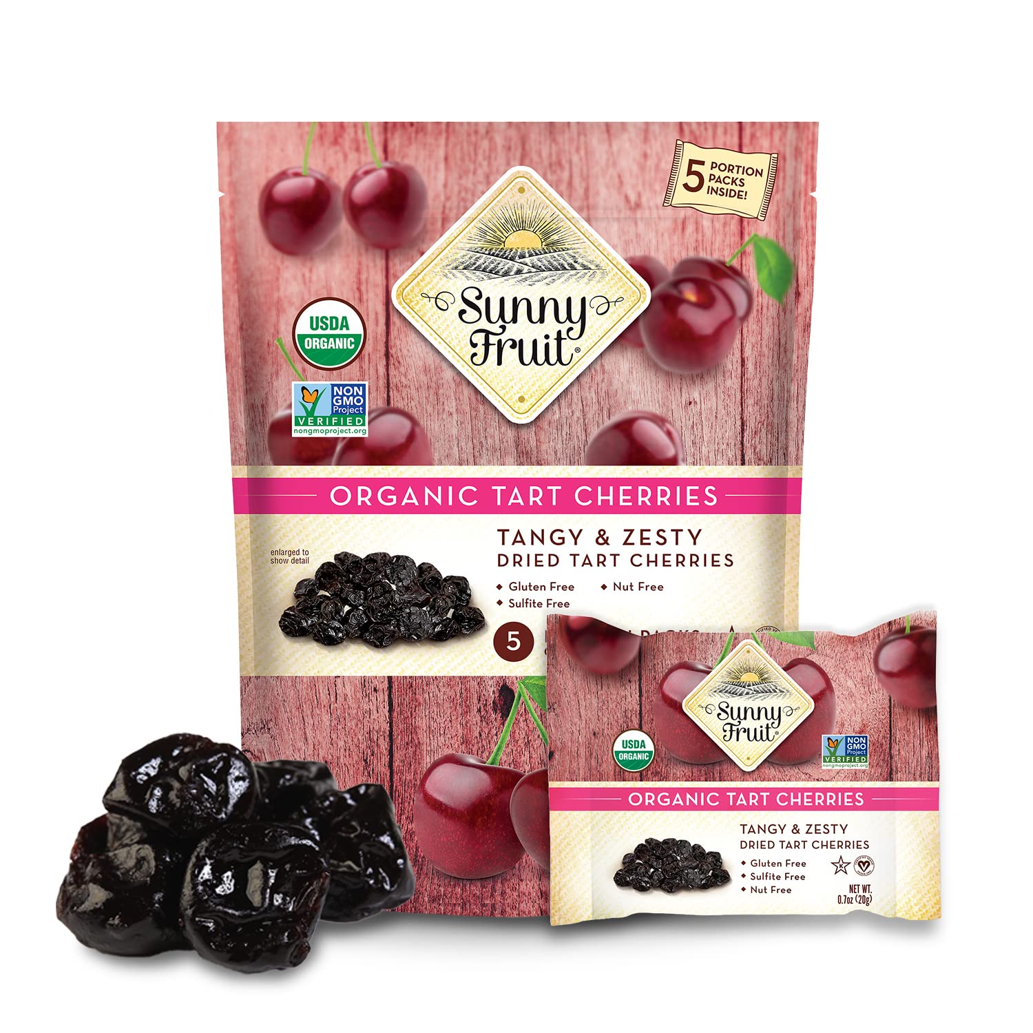 Sunny Fruit Soft Organic Dried Tart Cherries - 1 Bag (5 Individual Portion Packs) | Healthy, Convenient Snack Packs | Organic, Non-Gmo, Vegan, Halal, Kosher, No Preservatives