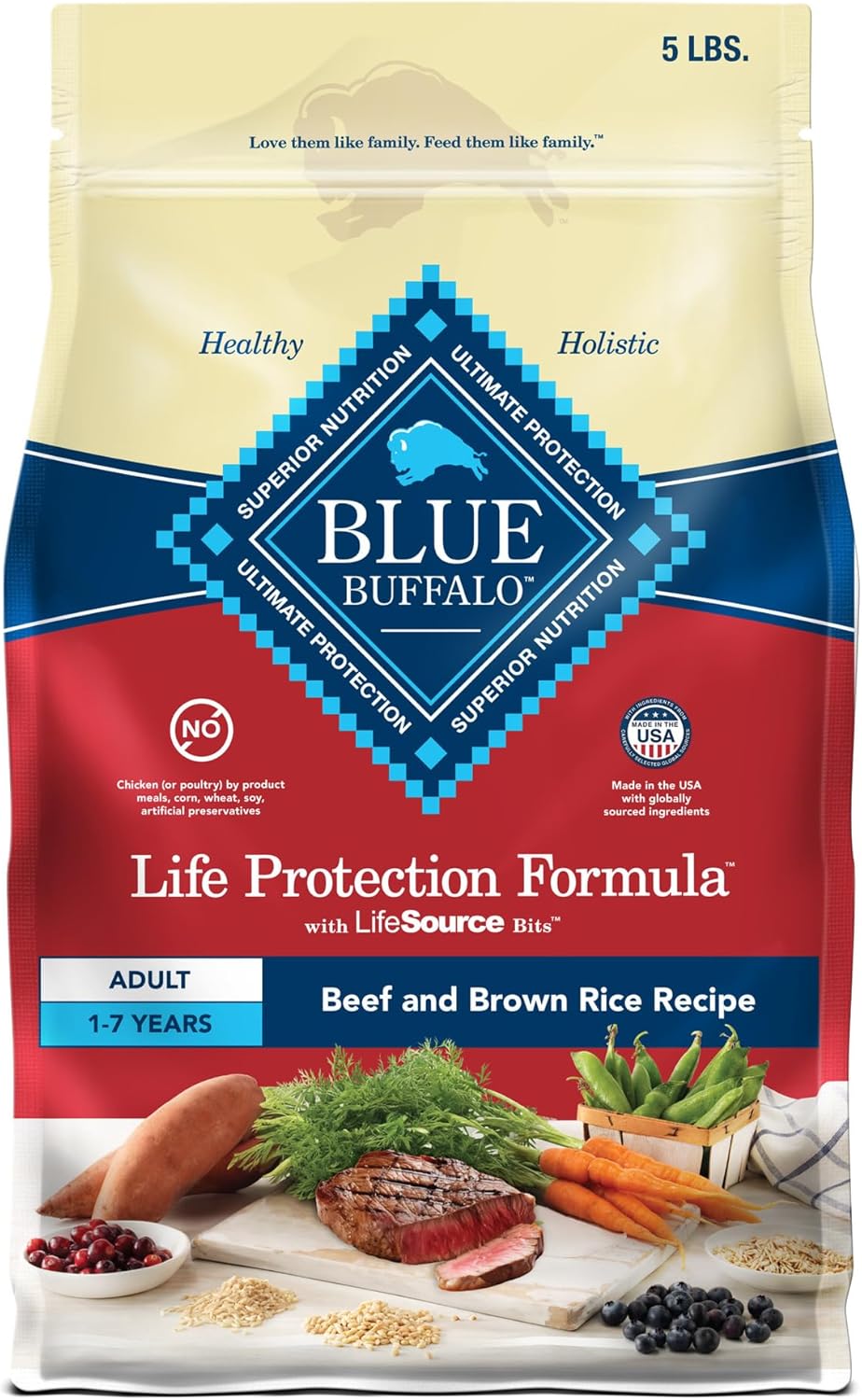 Blue Buffalo Life Protection Formula Adult Dry Dog Food, Helps Build And Maintain Strong Muscles, Made With Natural Ingredients, Beef & Brown Rice Recipe, 5-Lb. Bag