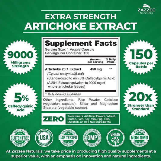 Zazzee Extra Strength Artichoke 20:1 Extract, 9000 Mg Strength, 5% Caffeoylquinic Acid, 150 Vegan Capsules, 5 Month Supply, Concentrated And Standardized 20X Extract, Non-Gmo And All-Natural