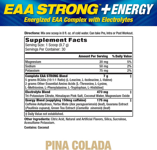 EAA Strong + Energy, Essential Amino Acid Supplement, All 9 EAAs, BCAAs, Electrolytes, Coconut Water, Pre-Workout Enhances Muscle Building, Performance, Recovery, Caffeine, Pina Colada, 30 Servings