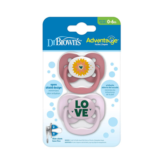 Dr. Brown'S Advantage Baby Pacifier, Fully Symmetrical Soother With Soft Silicone Bulb, 0-6M, Bpa Free, Lavender Love, 2 Pack (Style May Vary)