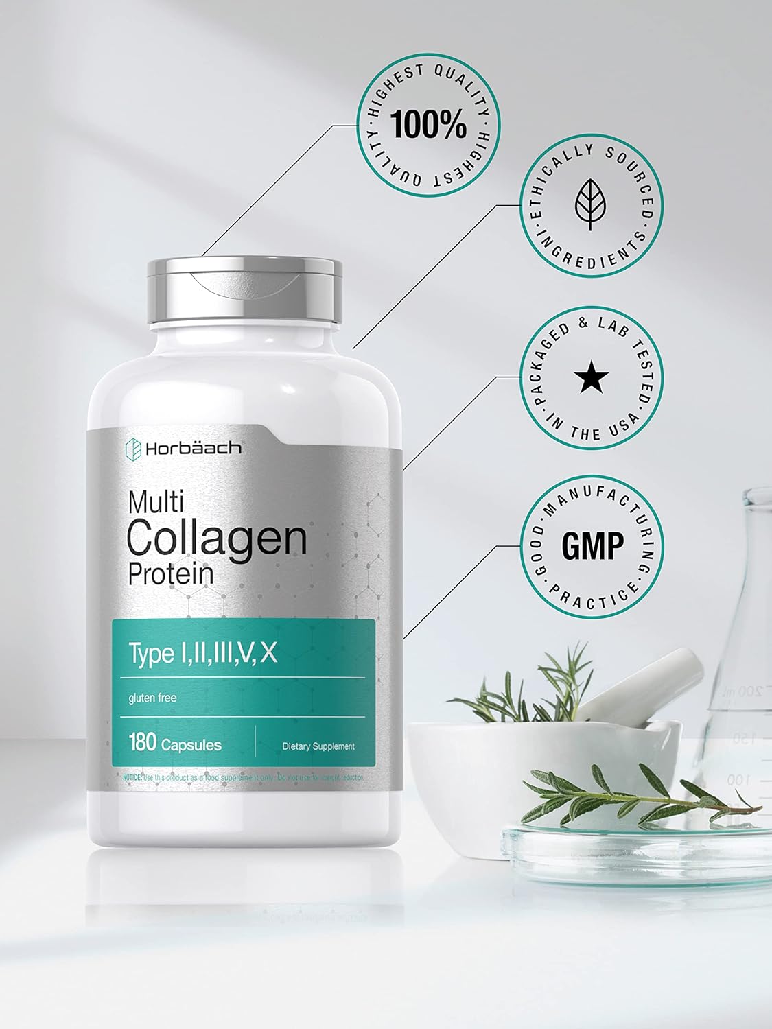 Horbäach Multi Collagen Protein 2000 mg | 180 Capsules | Type I, II, III, V, X | Keto & Paleo Friendly, Gluten Free Supplement : Health & Household