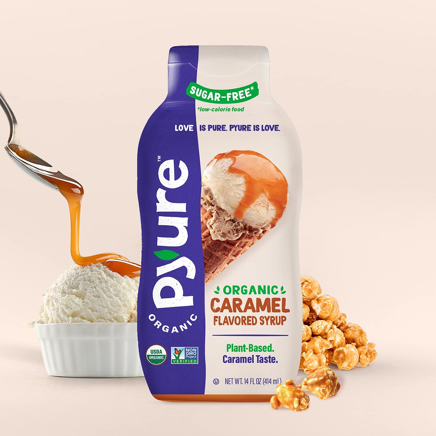 Pyure Organic Caramel Flavored Syrup, Zero Sugar, 1 Net Carb, Gluten-Free, Plant-Based for Vegan Keto Friendly Food, 14 Oz : Everything Else