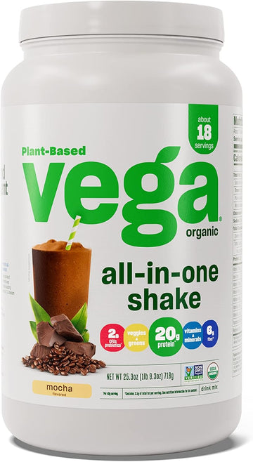 Vega Organic All-In-One Vegan Protein Powder, Mocha - Superfood Ingredients, Vitamins For Immunity Support, Keto Friendly, Pea Protein For Women & Men, 1.6 Lbs (Packaging May Vary)