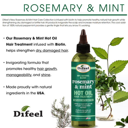 Difeel Hot Oil Hair Treatment With Natural Rosemary, Mint & Biotin 8 Oz - Nourishing Treatment And Growth For Dry And Damaged Hair