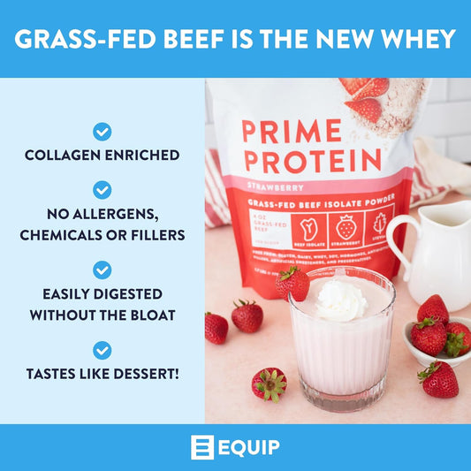 Equip Foods Prime Protein - Grass-Fed Beef Protein Powder Isolate -Paleo And Keto Friendly, Gluten Free Carnivore Protein Powder - Strawberry, 1.7 Pounds - Helps Build And Repair Tissue