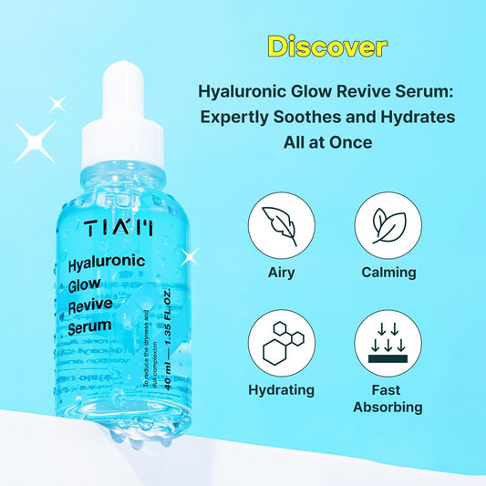 Tiam Hyaluronic Glow Revive Serum, Lightweight & Non-Sticky Hydrating Face Serum For Dry, Dehydrated, Oily Skin, 1.35 Fl.Oz