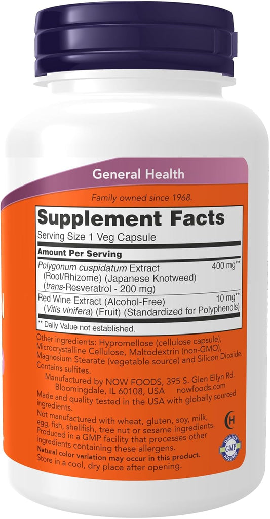 NOW Supplements, Natural Resveratrol 200 mg with Red Wine Extract, 120 Veg Capsules
