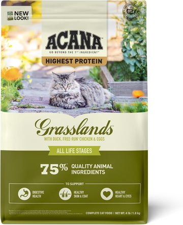 Acana Highest Protein Grasslands Grain-Free Dry Cat Food, Duck, Free-Run Chicken And Eggs Cat Food Recipe, 4Lb