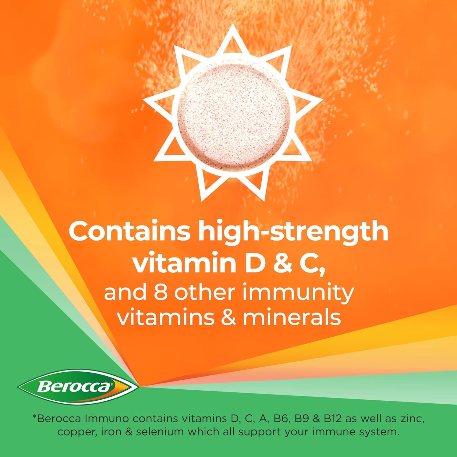 Berocca Immuno Effervescent Tablets, 11 Vitamins and Minerals, Including Vitamins D, C, A, B9, Zinc and Iron ,15 Tablets (Pack of 1))Packing May Vary)