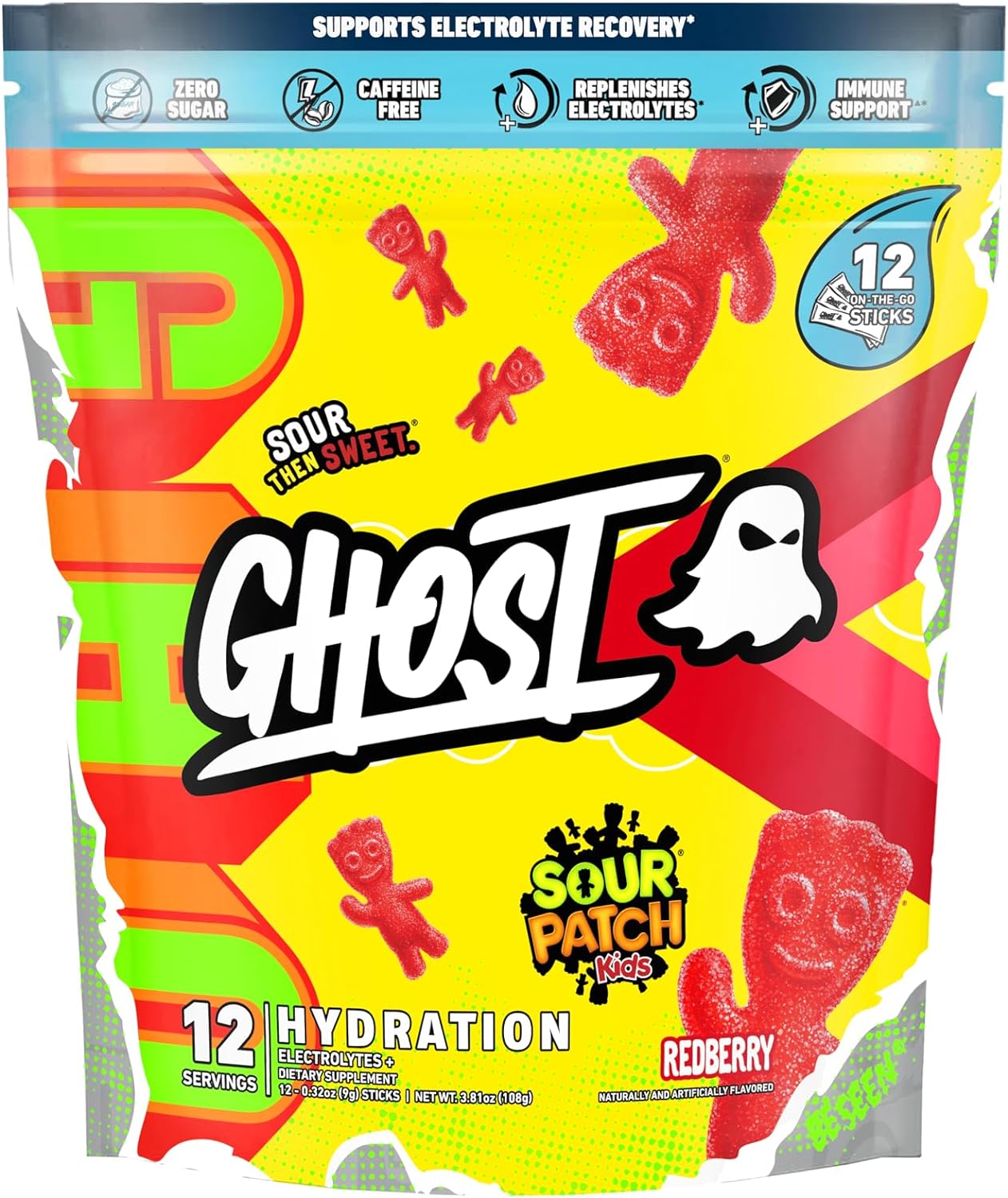 Ghost Hydration Packets, Sour Patch Kids Redberry, 12 Sticks, Electrolyte Powder - Drink Mix Supplement With Magnesium, Potassium, Calcium, Vitamin C - Vegan, Free Of Soy, Sugar & Gluten