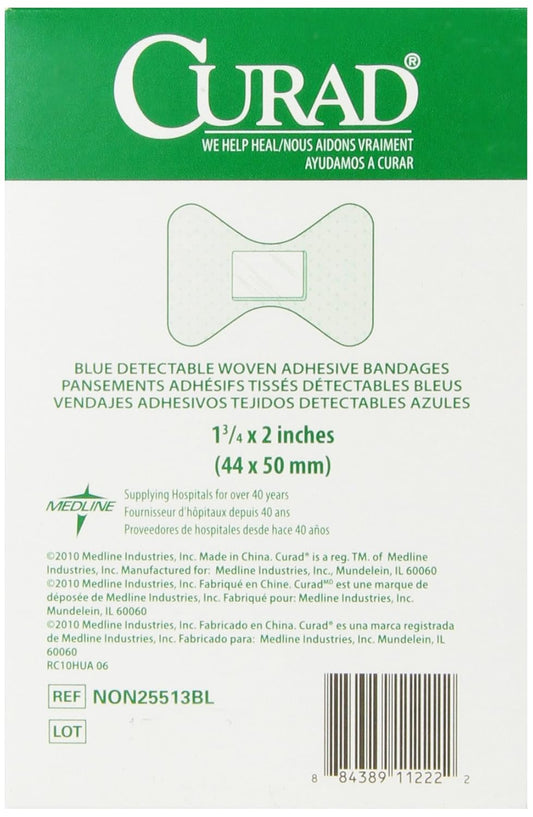 Curad Fingertip Adhesive Bandages, Food Service Blue Detectable Bandage, 100 Count,Fingertip 1.75" X 2" (Packaging May Vary)