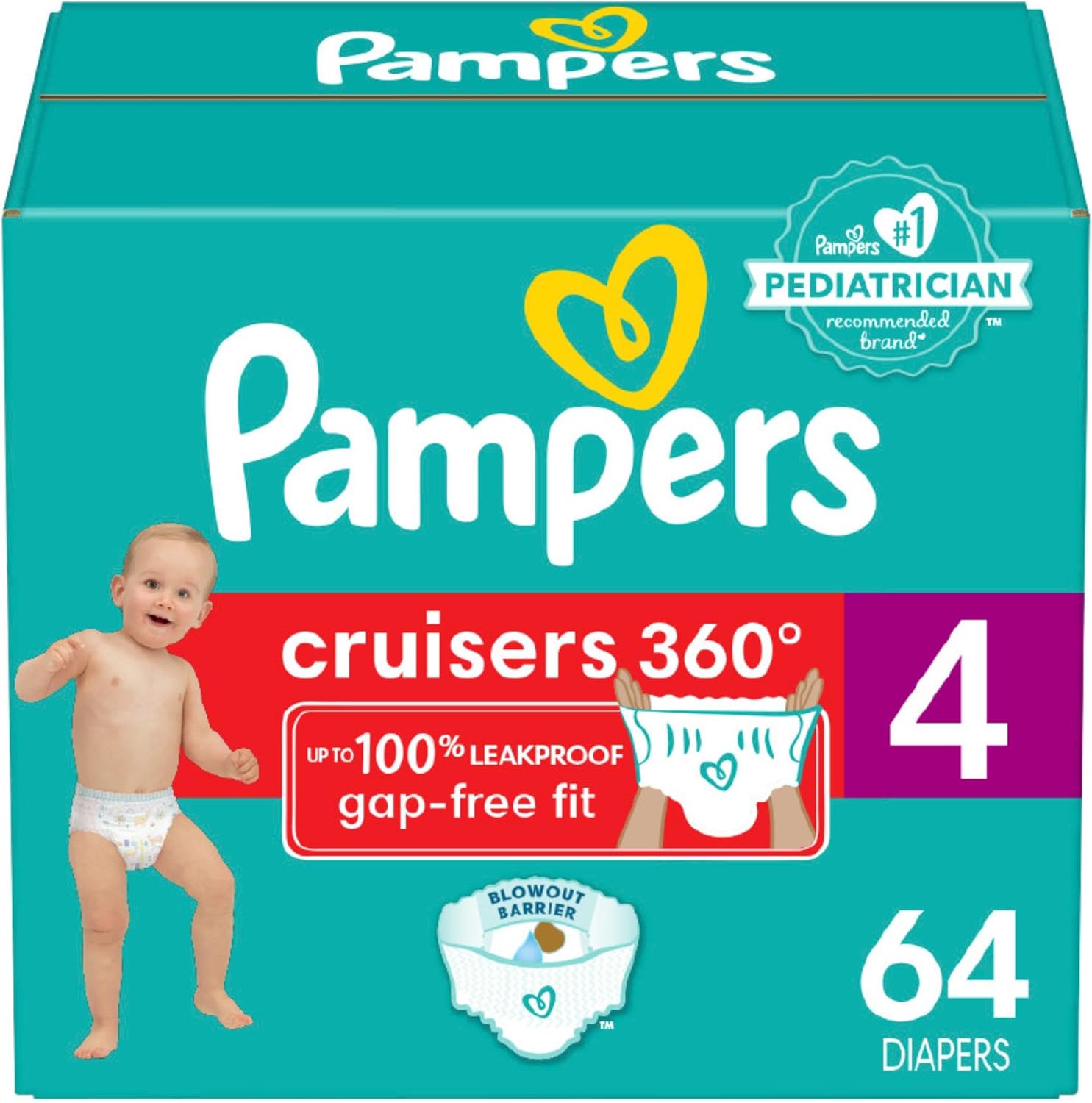 Pampers Cruisers 360 Diapers - Size 4, 64 Count, Pull-On Disposable Baby Diapers, Gap-Free Fit