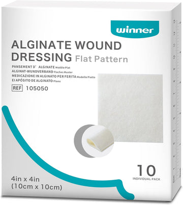 Winner Medical Calcium Alginate Wound Dressing Pads 10 X 10 Cm, Sterile (Box Of 10) Antimicrobial, Non-Stick Padding, Highly Absorbent & Comfortable| Flexible & Gentle On The Skin, Faster Healing