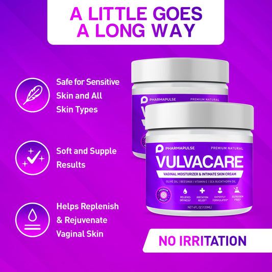 Pharmapulse Organic Vaginal Moisturizer, Vulva Balm Cream, Intimate Skin Care, Menopause Support - Relieves Dryness, Itching, Burning, Redness, Chafing, Odor, Irritation - Estrogen Free 4Oz