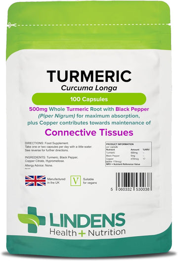 Lindens Turmeric 500mg with Black Pepper - 100 Vegan Capsules | 1-A-Day | UK Manufacturer - 1000mg per Serving | Natural Curcumin | Easy to Swallow & Digest Capsule | Letterbox Friendly (3+ Months Supply)