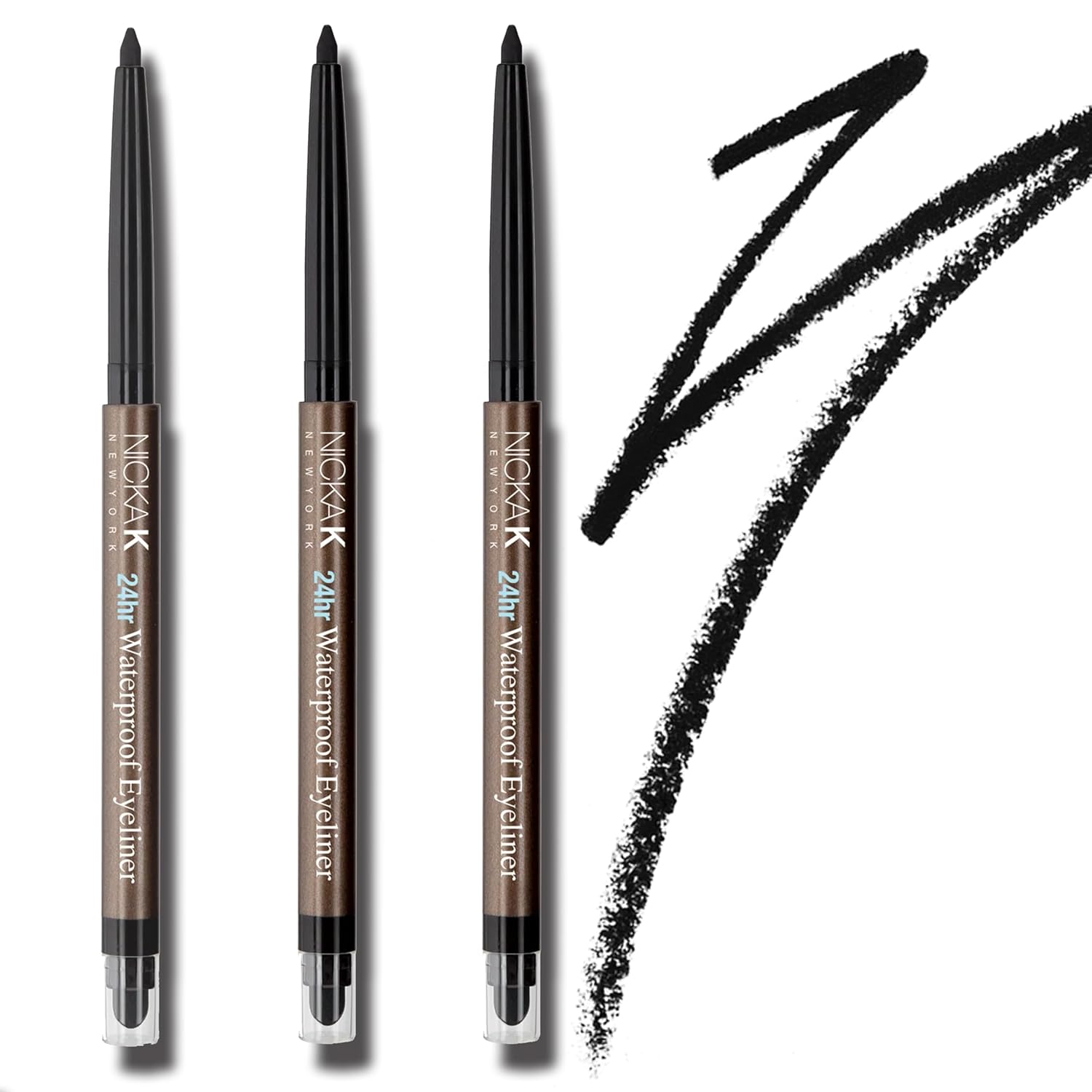 3 Pack Bundle Of Nya40 Black Waterproof Eyeliner, Long-Lasting Black Color Intensity, Mechanical Liner With Sharpener & Smudger