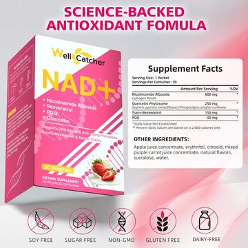 Nad Liquid Packets Supplement For Women: Nad Resveratrol Supplement With Nicotinamide Riboside Pqq Quercetin Support Healthy Cellular Energy Dna Repair & Healthy Aging Srtawberry Flavor 30 Pouches