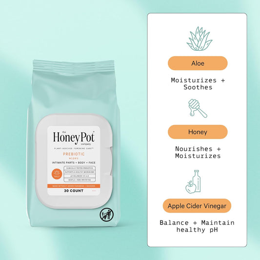 The Honey Pot Company, Prebiotic Intimate Wipes, 30 ct