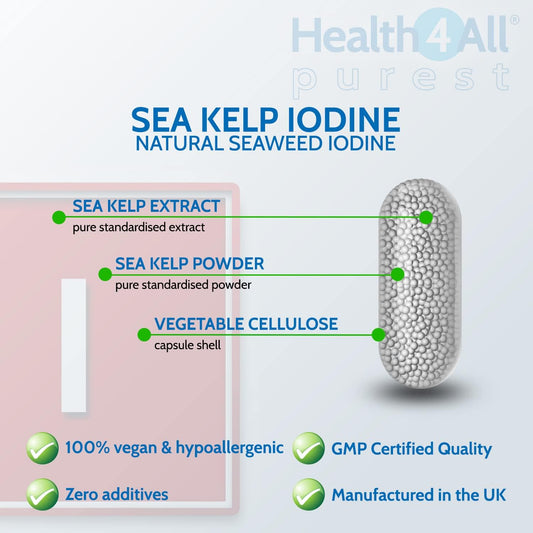 Health4All Sea Kelp Iodine 90 Capsules, High Strength 520Mcg Iodine, Purest Natural Sea Kelp Iodine Supplement Capsules (Not Tablets) | Made In Uk