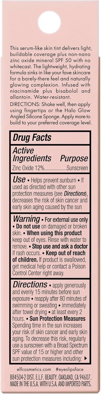 E.L.F. Halo Glow Skin Tint Spf 50, Tinted Moisturiser For Light, Buildable Coverage, Creates A Natural Glow, Vegan & Cruelty-Free, 7 Medium Warm
