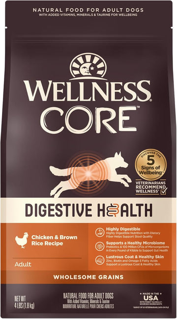 Wellness Core Digestive Health Dry Dog Food With Wholesome Grains, Highly Digestible, For Dogs With Sensitive Stomachs, Made In Usa With Real Chicken (Adult, 4-Pound Bag)