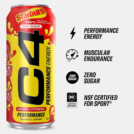 C4 Performance Energy Drink | Starbust™ Cherry | Zero Sugar Carbonated Preworkout Energy | 200Mg Caffeine With Beta Alanine | 16 Fl Oz (12 Pack)