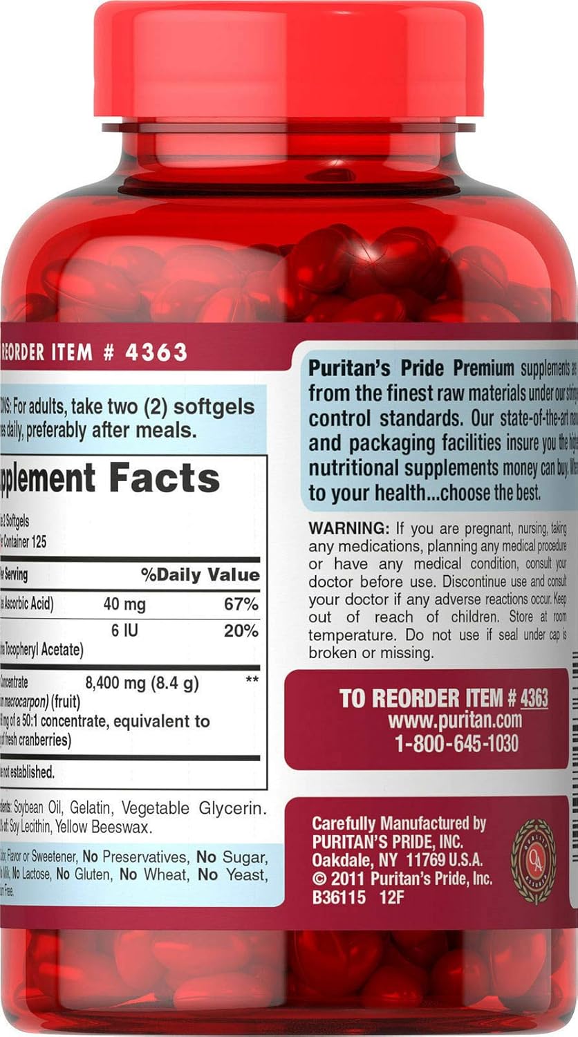 Puritan's Pride Cranberry Fruit Concentrate with C & E 4200 Mg, 250 Count : Health & Household